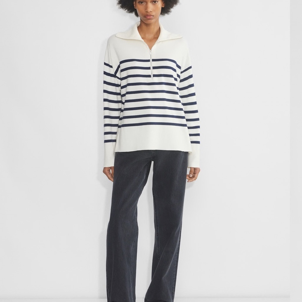 Babaton 2XS Cream and Navy Striped Merino Wool Sweater Preppy Quiet Luxury Soft